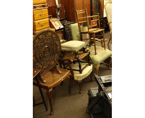 Oriental hardwood circular folding coffee table, ball and claw stool, cabriole leg stool, rush seated stool, 1920's occasiona