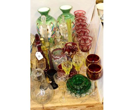Victorian and later coloured glassware including pair of portrait vases, decanters, bottle, etc