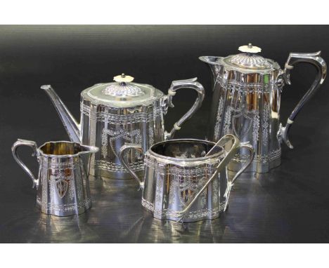 Victorian EPBM four piece tea service and tongs