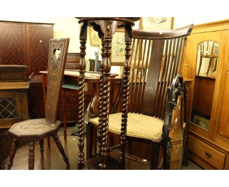 Carved sewing chair, bijouterie table, twist pillar plant stand, Edwardian elbow chair and painted mirror firescreen (5)