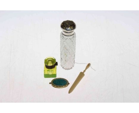 Toilet jar, inkwell, enamel locket and parasol needle case (4)