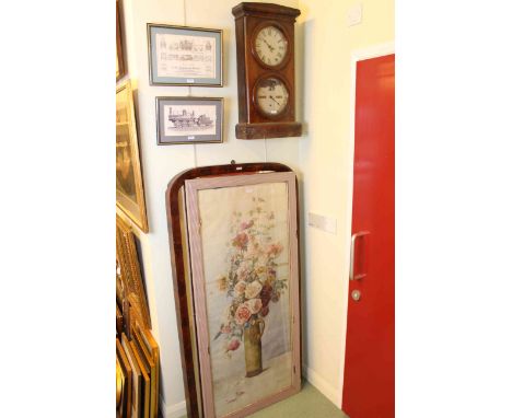 Framed Oriental needlework, rosewood wall clock, mahogany framed mirror and four pictures (7)