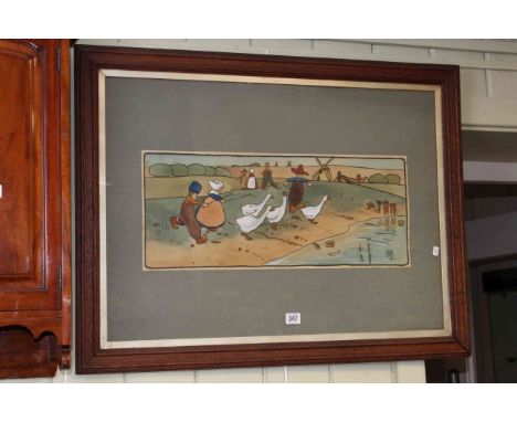 Will Kidd, Dutch Children and Geese, coloured print, in glazed oak frame