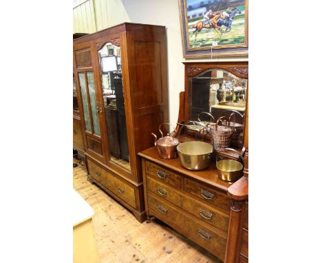 Edwardian walnut and burr walnut three piece bedroom suite comprising mirror and glazed panel double door wardrobe, dressing 