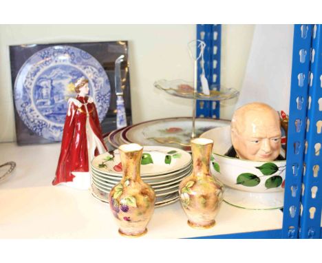 Royal Worcester Queen figure, Churchill character jug, graduated heat plates, Spode cake plate with knife, pair of vases, etc