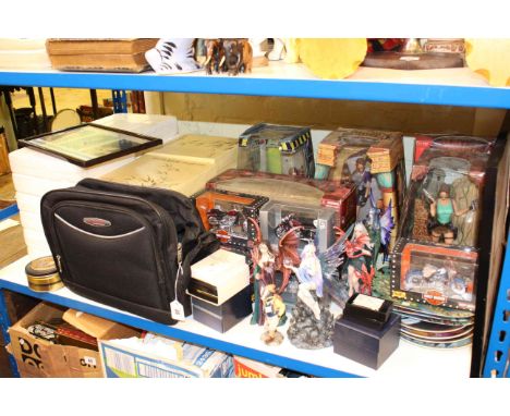 Boxed collectors plates, model motorcycles, Tomb Raider and mythical figures, print, watches, camera and accessories, etc