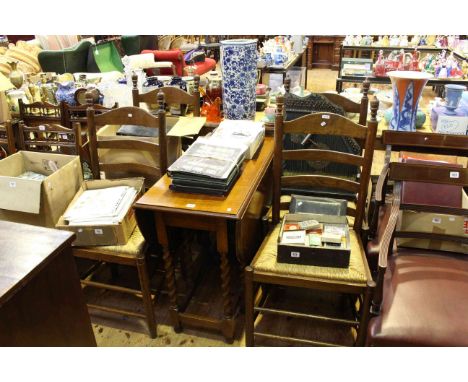 Oak barley twist gate leg table and four rush seated ladder back dining chairs