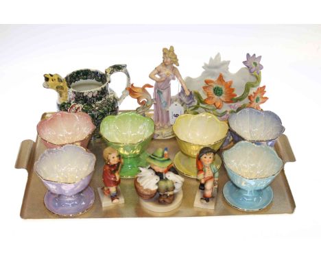 Six Maling sundae dishes, three Hummel figures, Continental planter and mask jug