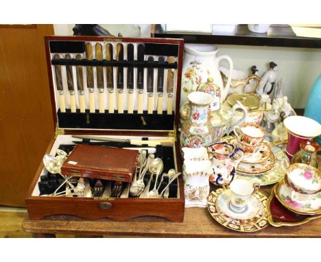 Two plated candelabra, part canteen of cutlery, banjo barometer, spelter marley horse, Oriental and other china, etc