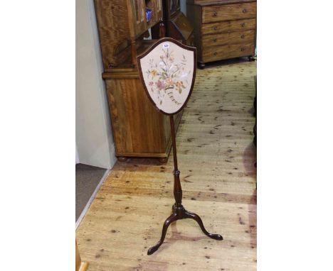 Mahogany tripod pole screen having shield shaped glazed needlework panel