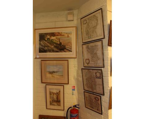 Four framed maps, two watercolours and limited edition Terence Cuneo locomotion print (7)