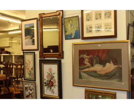 Oak framed mirror, gilt framed mirror, painting on glass and six pictures (9)