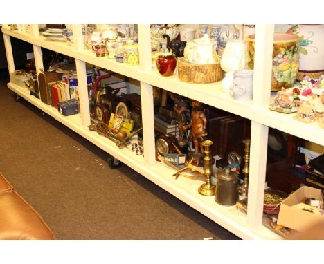 Full shelf of mantel clocks, wood boxes, metalware, books, fire irons, pictures, etc