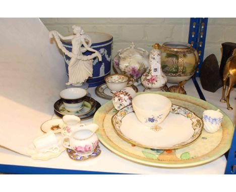 Ducal style wall plaque, Wedgwood blue Jasper jardiniere and figure, cups and saucer, Hammersley sifter, etc