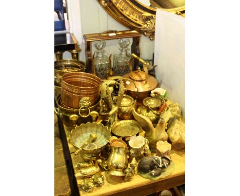 Two decanter tantalus, collection of brass and copper, pottery ornaments, case, etc