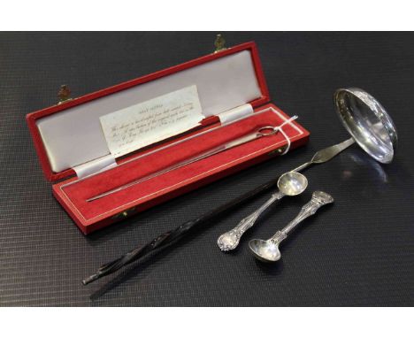 Cased silver letter knife, pair silver mustard spoons and Antique tody ladle (4)