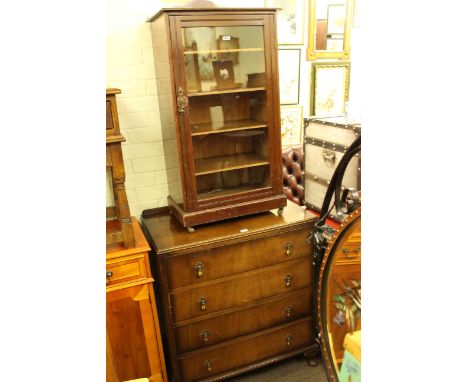 Walnut four height chest, glazed door music cabinet and Victorian mahogany toilet mirror (3)