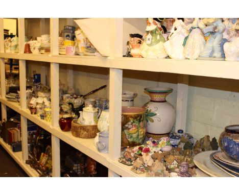 Full shelf of glass, china, Lilliput Lane, jardiniere, meat plates, toilet jug and bowl