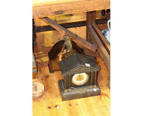 Victorian slate mantel clock, oak mantel clock and spelter figure