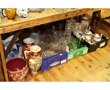 Three boxes of glassware, teaware, toilet jug and basin, jardiniere, pair of Oriental vases, etc