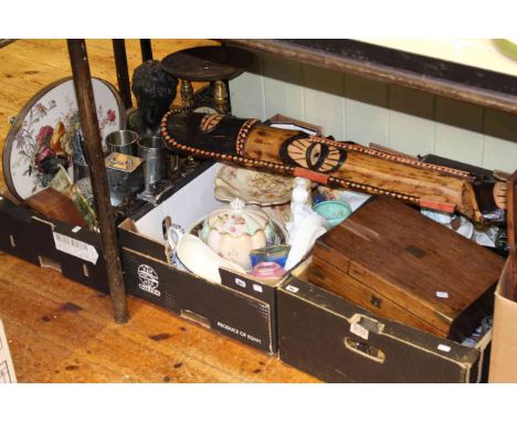 Three boxes of glass, china, jewellery, mantel clock, African wall mask, metalwares, etc