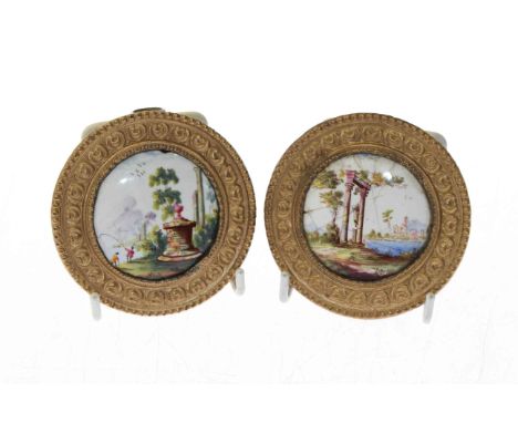 Pair Continental gilt framed enamel miniatures