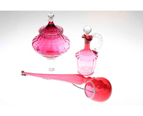 Cranberry glass pipe, sweet vase with lid and decanter