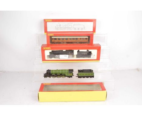 Hornby 00 gauge Steam locomotives and tenders with a coach in original boxes  (4), comprising R2099 2P class 4-4-0 LMS black 
