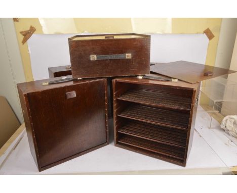 Wooden storage / display cases (5), Varnished plywood four shelf wooden boxes with sliding lids, carrying handles, external d