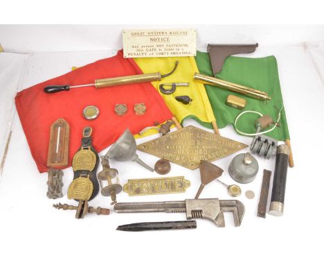 Assorted metal memorabilia including a reproduction loco worksplate and flags (qty), comprising repro North British loco work