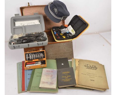 BR SR Drivers bag and assorted modellers tools (qty), including Leather Drivers bag containing  EMU Drivers hat, written hand