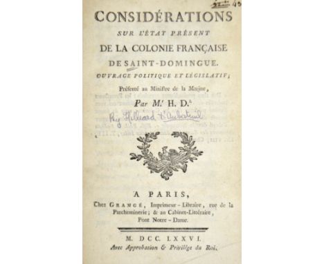 Hilliard d'Auberteuil, Michael Rene. Considerations sur l'etat present de la colonie Francaise de Saint-Domingue, 2 volumes b