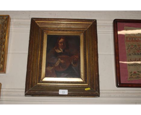 19th Century continental school, study of the Bearded Man playing a lute, oil on panel