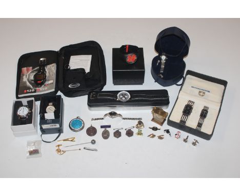 A box containing a Ferrari "Pit Stop" wrist watch with original box; various other wrist watches; a silver and enamel decorat