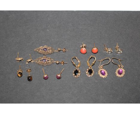 Eight pairs of various gem set ear-rings including ruby, amethyst, coral etc. approx. total weight 9gms 