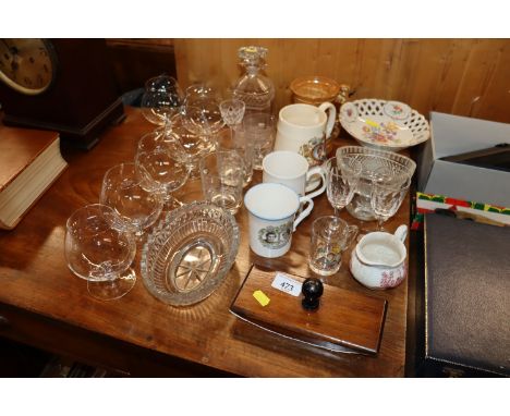 A quantity of various glass and china to include decanter and stopper, brandy balloons, Dresden style pedestal floral dish, a