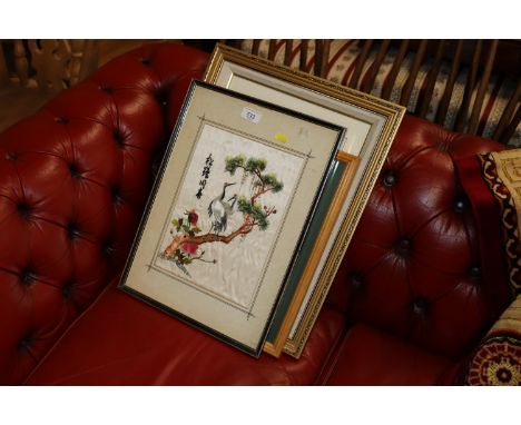 An acrylic of  thatched cottage; Lilly Brown, watercolour of a cockerel; Oriental embroidery; and R. Lawson watercolour of pa