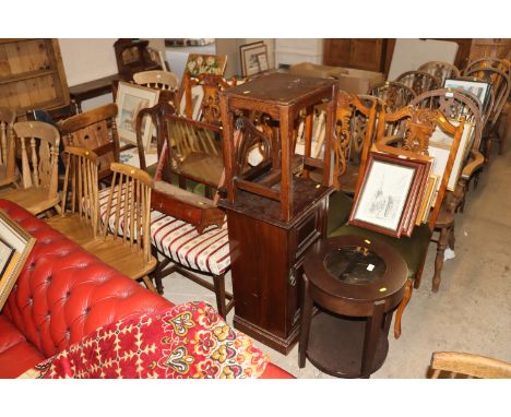 A pair of Hepplewhite revival dining chairs; a mahogany pot cupboard; an oak stool; a swing frame mirror; and a bedside table