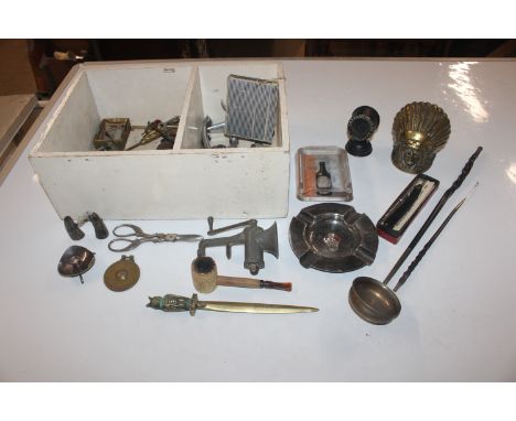 A box containing Toddy ladle, ash trays, silver handled button hook and various other small sundry items 