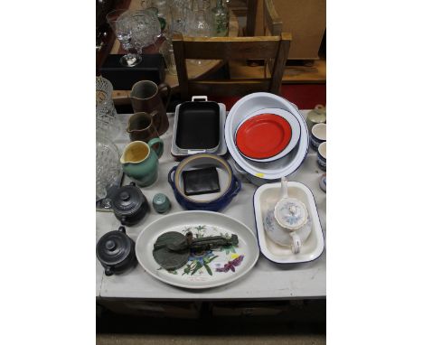 A quantity of kitchenalia to include Le Creuset, enamel ware, Denby etc.
