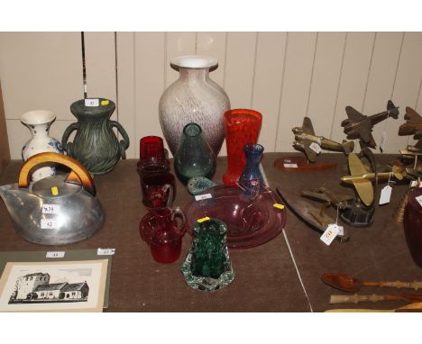 A Liskeard green tinted heavy glass baluster vase; various other Art Glass vases and ruby glass items 