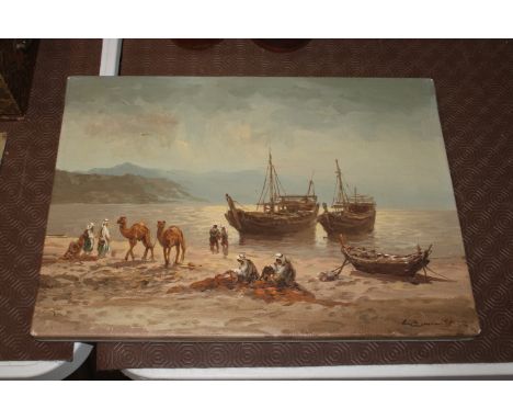 Continental school, seascape with Arabs on camels by their boats, indistinctly signed oil on canvas