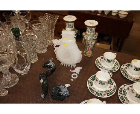 A white jade style incense burner;  pair of famille rose decorated vases converted to table lamps  AF