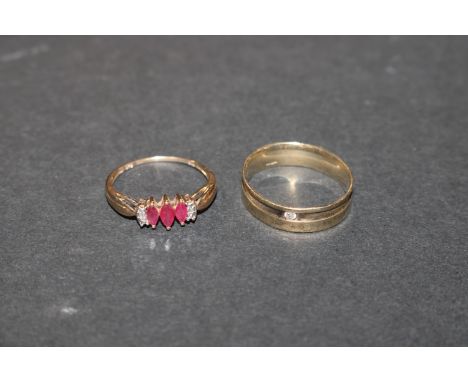 A 9ct gold and diamond band, approx. total weight 3.5gms, ring size V/W; and a 9ct gold diamond and ruby coloured stone set r