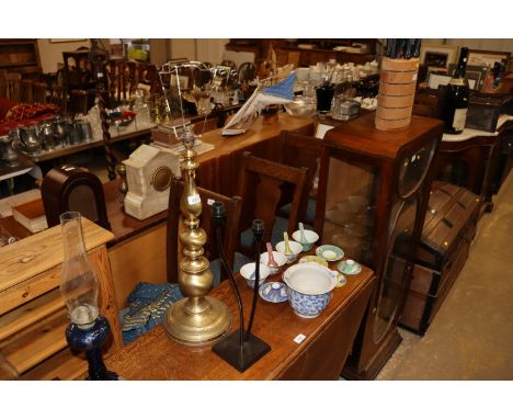 A modern two branch table lamp and a brass table lamp