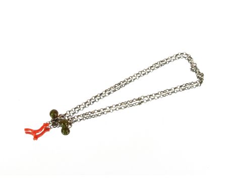 An antique silver chain set with two agate beads and natural coral piece; and an ebony wooden block with compass to top and p