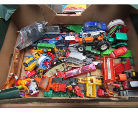 A box of mixed playworn diecast vehicles including Britains tractor and implements etc