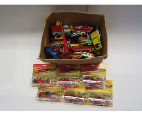 A box of mixed loose diecast vehicles including Corgi, Dinky etc and six carded Shell V-Power cars