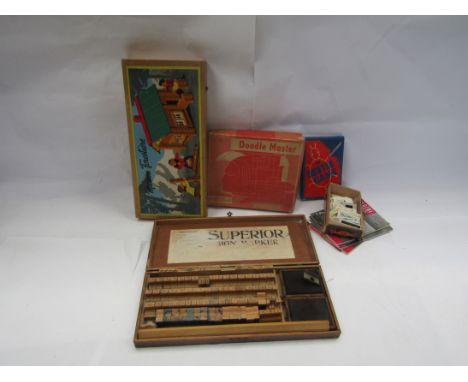 A vintage Maison Forestiere building set, wooden cased printing outfit, Doodle Master drawing toy, Beetle game, tea/cigarette