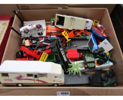 A box of mixed playworn diecast vehicles including Corgi double decker bus, Dinky hovercraft etc